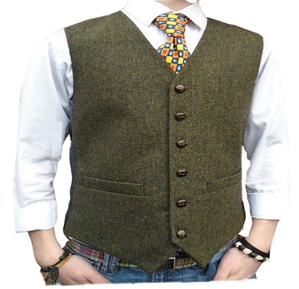 Men's Suit Vest V Neck Army Green Wool Herringbone Tweed Casual Waistc ...