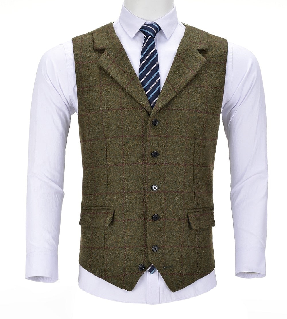 Men's Business Army Green Vest Plaid wool Slim Fit Single-breasted Cot ...