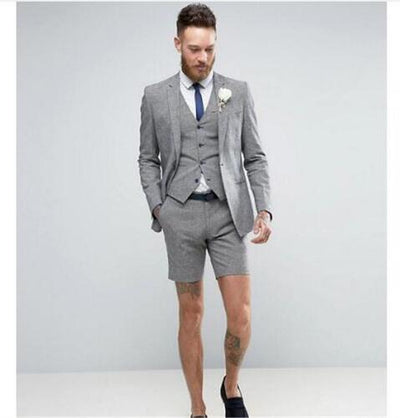 Latest Coat Pant Designs Grey Men Suit Short Pant Casual Summer Suits 3 Piece Tuxedo  (Jacket+Pant+Vest+Tie free shipping 6- 9 days)