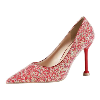 New Women Pumps 9.5cm High Thin Heel Pointed Toe Bling Wedding Bridal Women Shoes Red