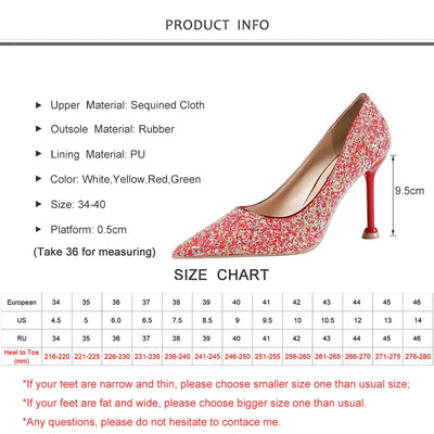 New Women Pumps 9.5cm High Thin Heel Pointed Toe Bling Wedding Bridal Women Shoes Red