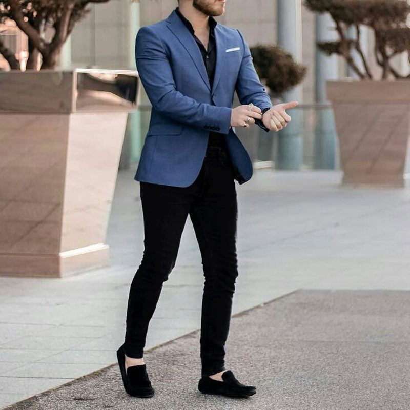 Casual Navy Blue Suits Men Business Blazer Black Pants - chicmaxonline