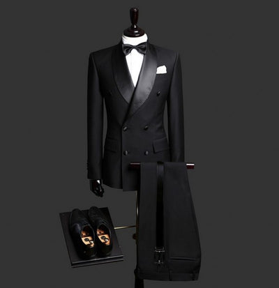 Double-Breasted Groomsmen Shawl Satin Lapel Groom Tuxedos Black Men Suits Wedding Best Man (Jacket+Pants+Tie+Hankerchief) B917