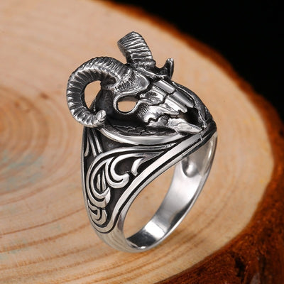 Sheep Head Ring 925 Sterling Silver Hip Hop Evil Sheep Skull Ring Skeleton Animal Vintage Viking Signet Ring Biker Jewelry