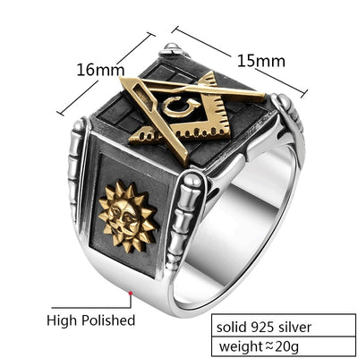 Vintage 925 Sterling Silver Masonic Rings For Men Gold Sun Moon Making Punk Handmade High Polished Silver Jewelry For Male