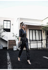 Long black faux leather jumpsuit women long sleeve zipper