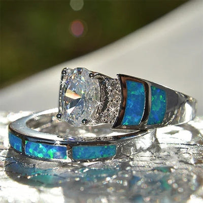 Oval CZ Ring Sets for Women Blue