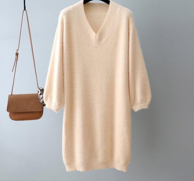 autumn winter v-neck short lantern sleeve thick sweater dress fur