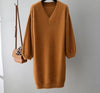 autumn winter v-neck short lantern sleeve thick sweater dress fur