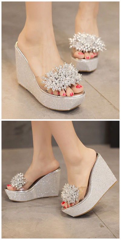 Gdgydh Rhinestone Wedges Sandals Women 2019 Summer Sexy Trifle Slides Casual Beading Open Toe Female Sandals Platform Shoes