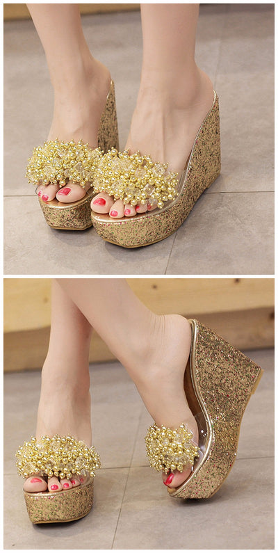 Gdgydh Rhinestone Wedges Sandals Women 2019 Summer Sexy Trifle Slides Casual Beading Open Toe Female Sandals Platform Shoes