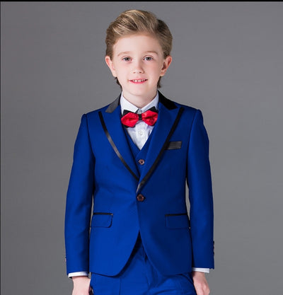 One Button Boy Tuxedos Peak Lapel Children Suit Royal Blue/Red/Black Kid Wedding/Prom Suits (Jacket+Vest+Pants+Tie +Shirt) NH10