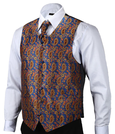 VE18 Aqua Orange Paisley Top Design Wedding Men 100% Silk Waistcoat Vest Pocket Square Cufflinks Cravat Set for Suit Tuxedo