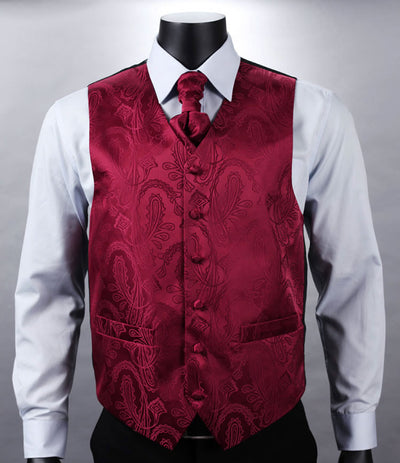 VE07 Red Paisley Top Design Wedding Men 100%Silk Waistcoat Vest Pocket Square Cufflinks Cravat Set for Suit Tuxedo