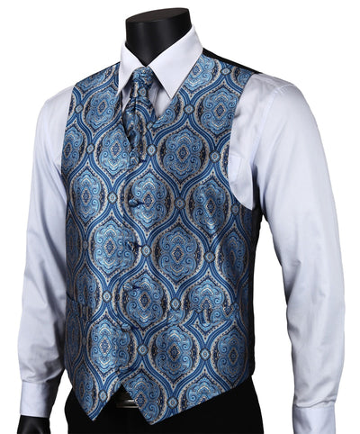 VE16 Navy Blue Paisley Top Design Wedding Men 100% Silk Waistcoat Vest Pocket Square Cufflinks Cravat Set for Suit Tuxedo