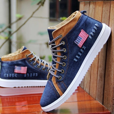 British Style Fashion Vintage Denim Jean Canvas Shoes Men High-top Casual Man Ankle Boots Flat Shoes Usual School Boy Footwear
