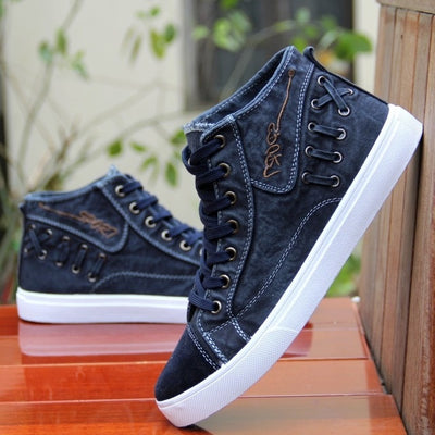 British Style Fashion Vintage Denim Jean Canvas Shoes Men High-top Casual Man Ankle Boots Flat Shoes Usual School Boy Footwear