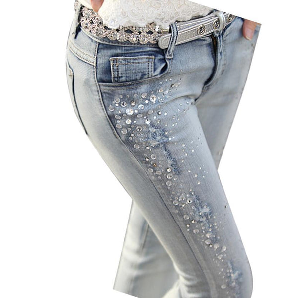 Women's jeans pencil leg pants Jeans for women light blue rhinestones ...