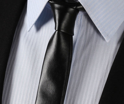 LET2 black Leather Tie Casual Classic Fashion Skinny Slim Solid Men Necktie