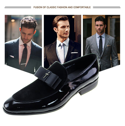 Handmade Genuine Patent Leather And Nubuck Leather Patchwork With Bow Tie Men Wedding Black Dress Shoes Men's Banquet Loafers