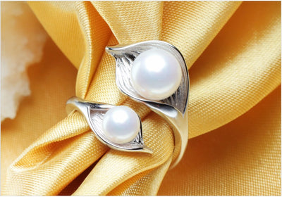 FENASY freshwater natural Double Pearl Ring for women,bohemia Fashion Statement Cocktail S925 Sterling silver leaf Ring 2018 New