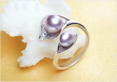 FENASY freshwater natural Double Pearl Ring for women,bohemia Fashion Statement Cocktail S925 Sterling silver leaf Ring 2018 New