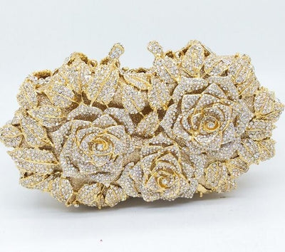 Women Gold Rose Flower Hollow Out Crystal Evening Metal Clutches Small Minaudiere Handbag Purse Wedding Box
