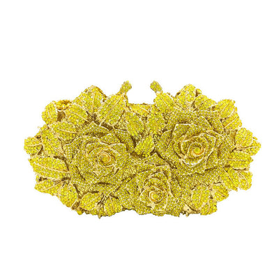 Women Gold Rose Flower Hollow Out Crystal Evening Metal Clutches Small Minaudiere Handbag Purse Wedding Box