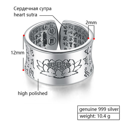 ZABRA 999 Silver Ring Men Buddhist Heart Sutra Signet Ring Vintage Opening Adjustable Female Women Rings Sterling Silver Jewelry