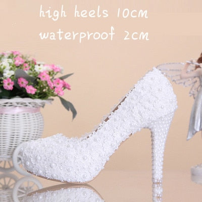 Sweet Flower Women Pumps High Heels Lace Platform Pearls rhinestone Wedding Shoes Bride Dress Shoes all heel height can make