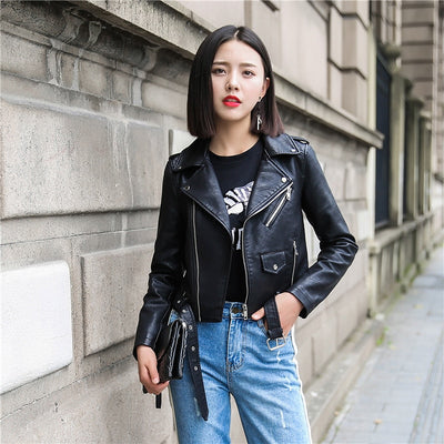 Leather Jacket Women Fashion Bright Colors Black Motorcycle Coat Short Faux Leather Biker Jacket Soft Jacket Female
