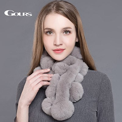 Gours Women's Real Fur Scarf High Quality Luxury Big Rex Rabbit Fur Scarves Fashion Brand Thick Warm Winter New Arrival GLWJ003