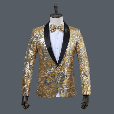 PYJTRL Mens Pink Gold Flower Sequins Fancy Paillette Wedding Singer Stage Performance Suit Jacket Annual DJ Blazer With Bow Tie