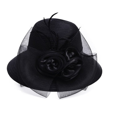 Summer Hats for Women Solid Satin Feather Floral Wide Brim Sun Hats Ladies Floppy Hats for Kentucky Derby Church Tea Party Dress
