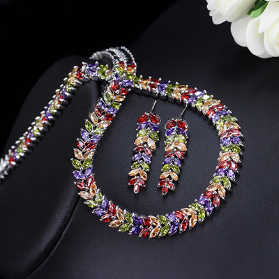 Marquise Cut Colorful Cubic Zirconia Stones Bridal Round Choker Necklace Earring Set For Women Wedding Jewelry