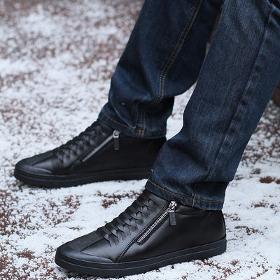 JUNJARM 2018 Men Boots Warm Plush Mens Winter Shoes Fashion Men Snow Boots Zipper Male Ankle Boots Black Cotton Inside Men Shoes