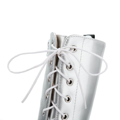 Women Platform Thick High Knee High Boots Fashion Lace Up Winter Fighting Boots White Red Black Silver