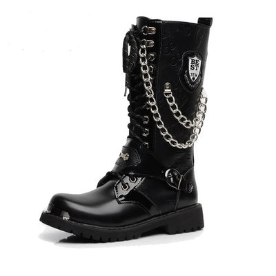 Army Boots Men High Military Combat Men Boots Mid Calf Metal Chain Male Motorcycle Punk Boots Spring Men's Shoes Rock