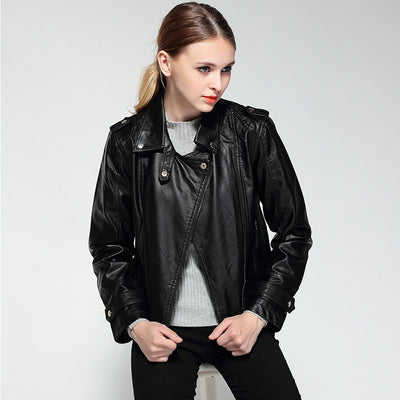 Female 2019 New Design Spring Autumn PU Leather Jacket Faux Soft Leather Coat Slim Black Rivet Zipper Motorcycle Pink Jackets