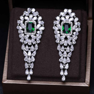 A311G Clear and Green Dangles Long Earrings for Women Wedding Trendy Earrings Water Drop Zircon Party Gift
