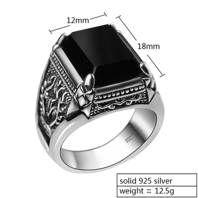 ZABRA Real 925 Silver Black Zircon Ring For Men Female Engraved Flower Men Fashion Sterling Thai Silver Jewelry Synthetic Onyx