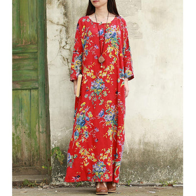 Boho Dress Women Cotton Linen Maxi Dress Vintage Floral Print Robe female 2019 Autumn Winter Long Dresses Plus Size 3XL 4XL 5XL