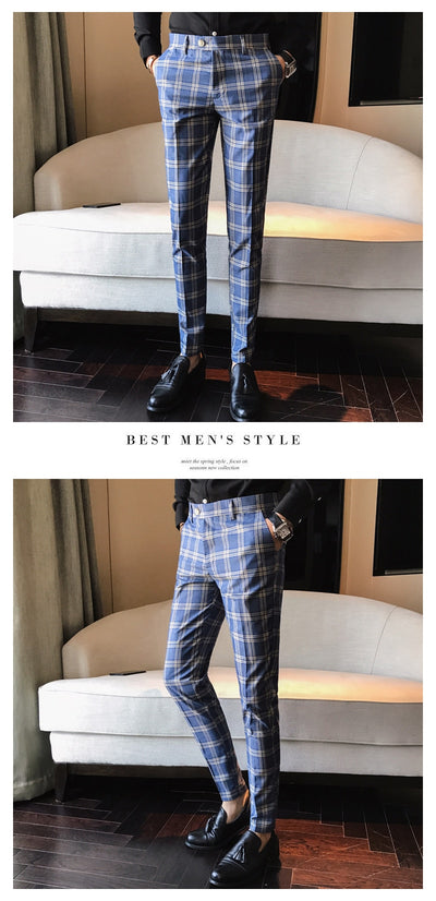 Men Dress Pant Plaid Business Casual Slim Fit Pantalon A Carreau Homme Classic Vintage Check Suit Trousers Wedding Pants