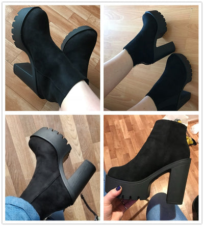 Gdgydh Fashion Black Ankle Boots For Women Thick Heels Spring Autumn Flock Platform Shoes High Heels Black Zipper Ladies Boots