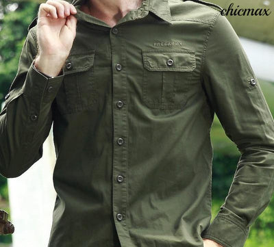 FREE ARMY High Quality Mens Basic Shirts Casual Slim Fit Men Shirt Long Sleeve Green Solid Color Military Style Casual Clothing