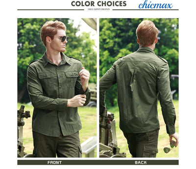 FREE ARMY High Quality Mens Basic Shirts Casual Slim Fit Men Shirt Long Sleeve Green Solid Color Military Style Casual Clothing