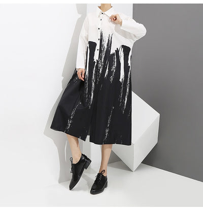 New 2018 Women Painting Style Loose Black Shirt Dress Long Sleeve Print Female Plus Size Party Club Wear Midi Casual Dress 3400