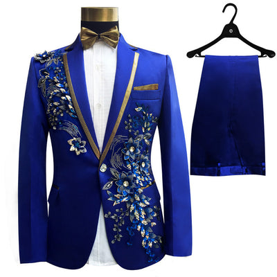 Three Pieces Set Suits Men's Singers Perform Stage Show Sequins Embroidered Flower Red Blue Pink Wedding Suit Costume Homme