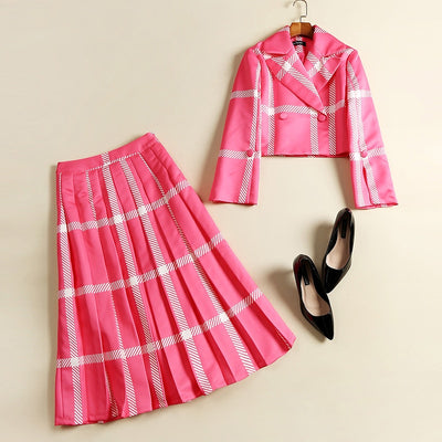 2018 Fashion Women Spring Runway Outfit Turn-down Collar Blouse Pleated Skirt Striped Plus Size XXXL Twin Set Pink 2 Pieces Set