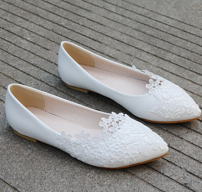 Crystal Queen Ballet Flats White Lace Wedding Shoes Flat Heel